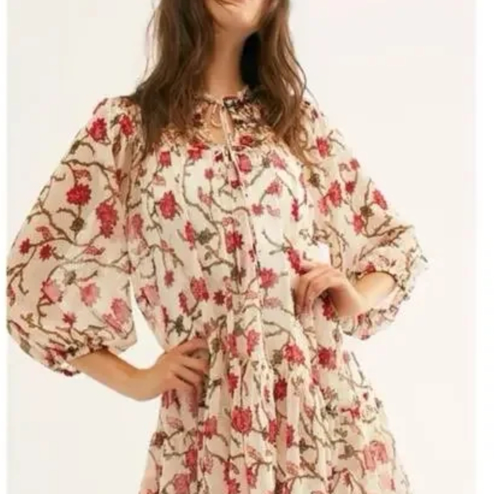 Free People Cream and Red Floral Long Sleeve Dress